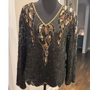 Vintage 1980s Black & Gold Sequin Beaded Top Regency Holiday Glam  L